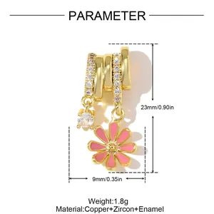 Detail view of pink enamel daisy flower pendant with dimensions and material info