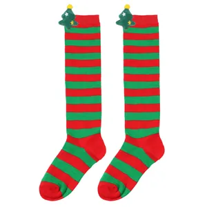 Close-up detail of striped children's Christmas over-the-knee socks with plush tree