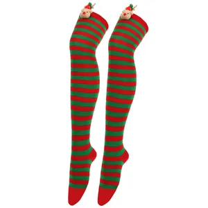 Festive red and green striped Christmas over-the-knee socks with reindeer detail