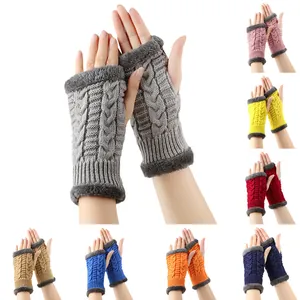 Winter thick cable knit fingerless gloves with plush faux fur trim in multiple colors
