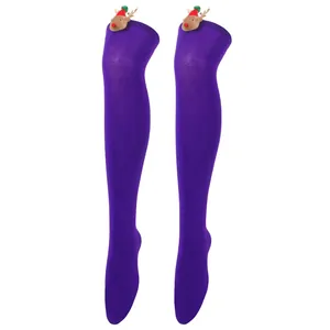 Detailed view of purple over-the-knee socks with festive reindeer plush decoration