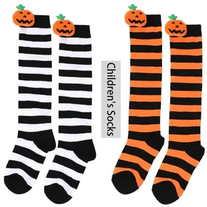 Halloween Kids Over Knee Socks 3D Pumpkin Doll Decoration Striped Pattern Polyester Long Socks For Festival Costume Party