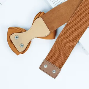 Macro view of a camel elastic waist belt featuring a chiffon bow and silver snap buttons