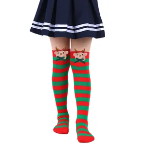 Festive red and green striped Christmas over-the-knee socks with cute reindeer doll detail