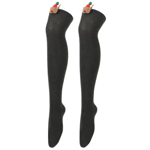 Detailed view of charcoal grey over-the-knee socks with a cute plush reindeer festive decor