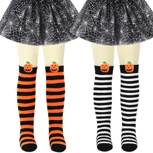 Kids' Halloween over-the-knee socks featuring cute pumpkin dolls and festive stripes.