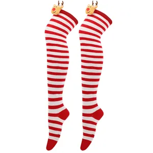 Detail showing red and white striped Christmas over-the-knee socks with reindeer plush