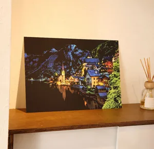 Detailed view of A3 city landscape scratch art painting displayed on a wooden shelf