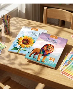 Detailed view of YUELU mosaic sticker books featuring geometric lion and sunflower designs