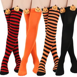 Women's Halloween Pumpkin Doll Over-the-Knee Socks Striped Thigh High Stockings For Cosplay Party Costume Accessories