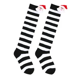 Detail view of striped children's Christmas socks with 3D plush Santa Claus decor