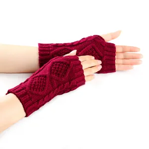 Gants sans Doigts Chauds d'Hiver pour Femmes en Tricot Torsadé Chauffe-bras en Acrylique Motif Losange avec Trou pour le Pouce