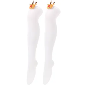 Detail showing white over-the-knee Christmas socks with a cute plush reindeer motif.