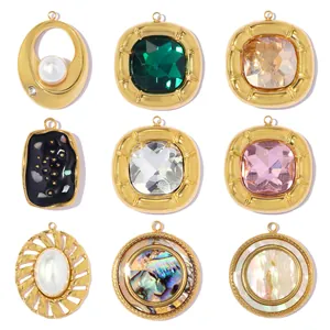 Vintage Gold Plated Stainless Steel Pendants Abalone Shell Rhinestone Inlaid Charms For Women DIY Jewelry Making Necklace Accessories