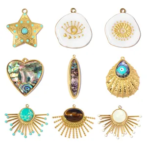 Colgante de Acero Inoxidable Vintage Concha de Abalone Piedra Natural Estrella Mal de Ojo Dijes de Abanico Para Hacer Joyas DIY