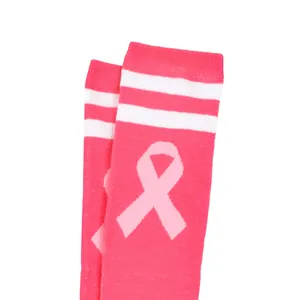 Detail of pink breast cancer awareness socks with ribbon design and white stripes