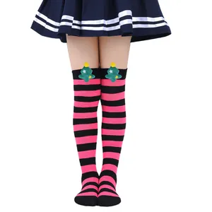 Detail view of children's pink and black striped Christmas over-the-knee socks with plush tree