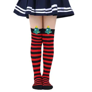 Detailed view of children's red and black striped Christmas over-the-knee socks with plush tree