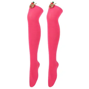 Pair of pink over-the-knee Christmas socks with cute 3D reindeer plush ornaments