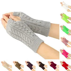 Warm autumn winter fingerless knitted gloves featuring cable knit hollow patterns