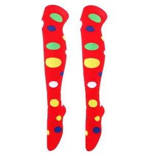 Red thigh-high socks with multi-colored polka dots for cosplay and parties