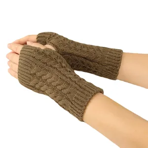 Brown cable knit fingerless gloves for winter warm, soft acrylic knitted hand warmers for women