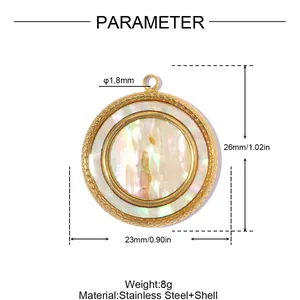 Detailed specifications of round iridescent shell pendant in gold stainless steel