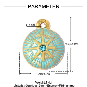 Detailed size diagram of gold stainless steel star enamel pendant with blue rhinestone