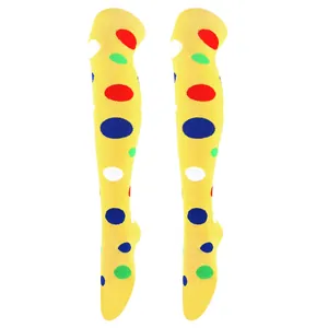 Vibrant yellow over-the-knee socks with colorful polka dot patterns for cosplay use.