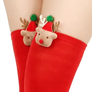 Festive red Christmas over-the-knee socks with cute 3D reindeer decorations