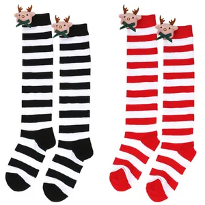 Holiday Christmas children's over the knee striped socks with cute plush reindeer doll