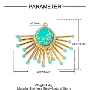 Dimensiones del colgante abanico de acero inoxidable dorado con piedra turquesa