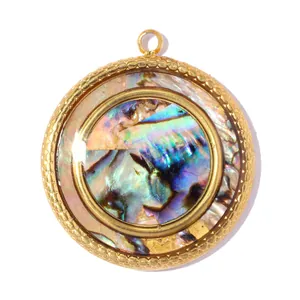 Macro detail of a round abalone shell pendant with a textured gold stainless steel frame.