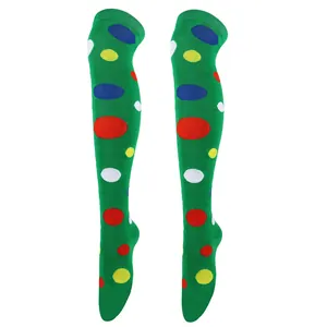 Vibrant green over-the-knee socks with colorful polka dots for holiday cosplay outfits.