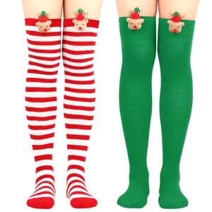 Christmas over-the-knee socks with 3D reindeer, red stripes and solid green styles