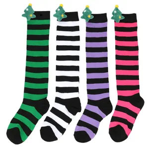 Colorful striped children's Christmas over-the-knee socks with cute plush tree dolls
