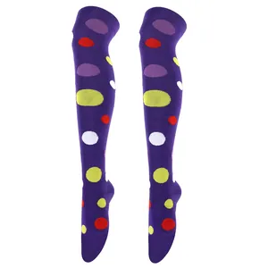 Full view of purple thigh-high socks with colorful large polka dots for cosplay