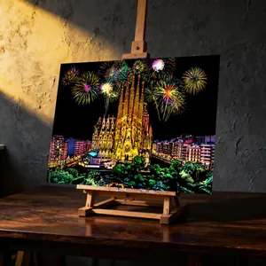 Creative DIY city scenery scratch art with fireworks displayed on a wooden easel