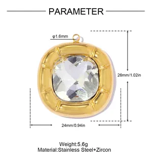Detail view of gold stainless steel square pendant with zircon dimensions and weight info