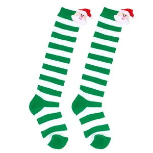 Green and white striped children's Christmas socks with 3D Santa Claus doll