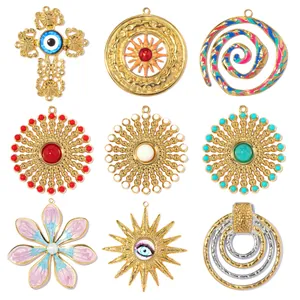 DIY Stainless Steel Pendants Large Sun Evil Eye Cross Flower Spiral Star Shape For Necklace Earring Gold Plated Enamel Jewelry Findings