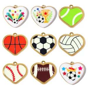 Heart Shaped Stainless Steel Sports Pendant Enamel Football Basketball Volleyball Baseball Rugby DIY Jewelry Making Charms