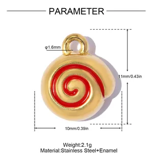 Technical diagram showing 10mm gold spiral pendant measurements and material info