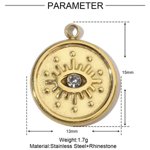 Vue détaillée du pendentif œil en acier inoxydable avec dimensions et poids.