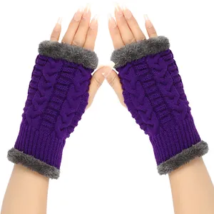 Close-up view of purple knitted fingerless gloves with soft grey faux fur trim.