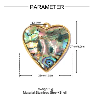 Detalles de dimensiones de un colgante de corazón de nácar con marco de acero inoxidable