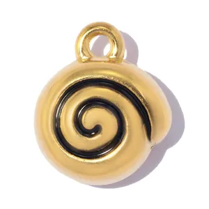 Macro view of a gold-plated stainless steel spiral pendant with black enamel fill
