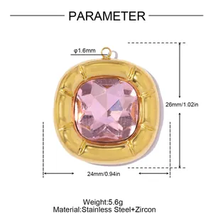 Detailed dimensions of a square gold stainless steel pendant with a pink zircon stone.