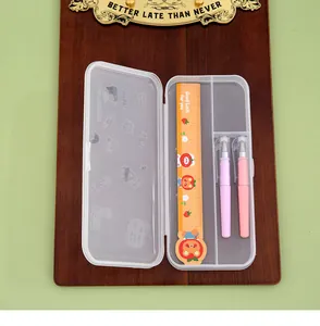 Mini portable gel pens and cartoon ruler inside a compact transparent pencil case