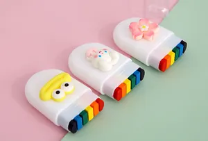 Detail view of portable 6-color rainbow face paint sticks with cute 3D character designs.
